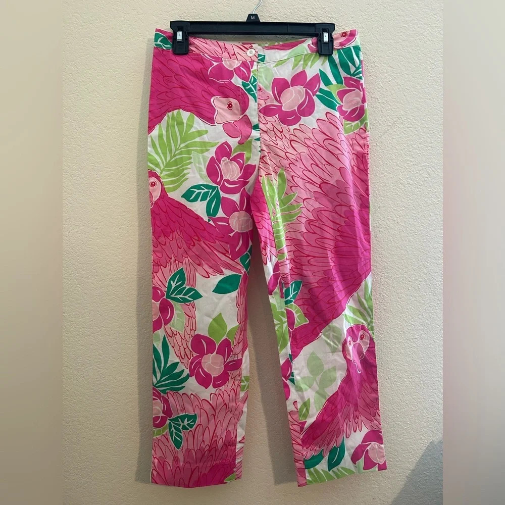 Vintage Lilly Pulitzer Ports Of Caw Wide Leg Pant Pink/Green Parrot Floral Sz 4